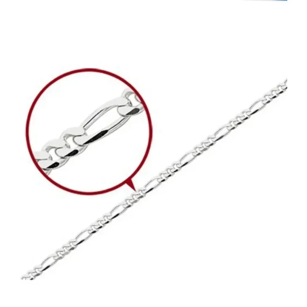 NEW Rhodium Plated 925 Sterling Silver‎ Figaro Chain Bracelet, 8”